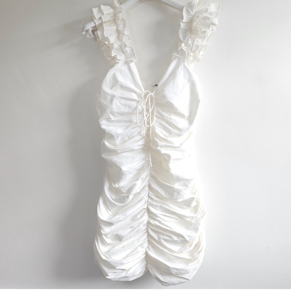 Zara bloggers favorite ruffle sleeve lined blend ruched lace up mini dress - Picture 10 of 16